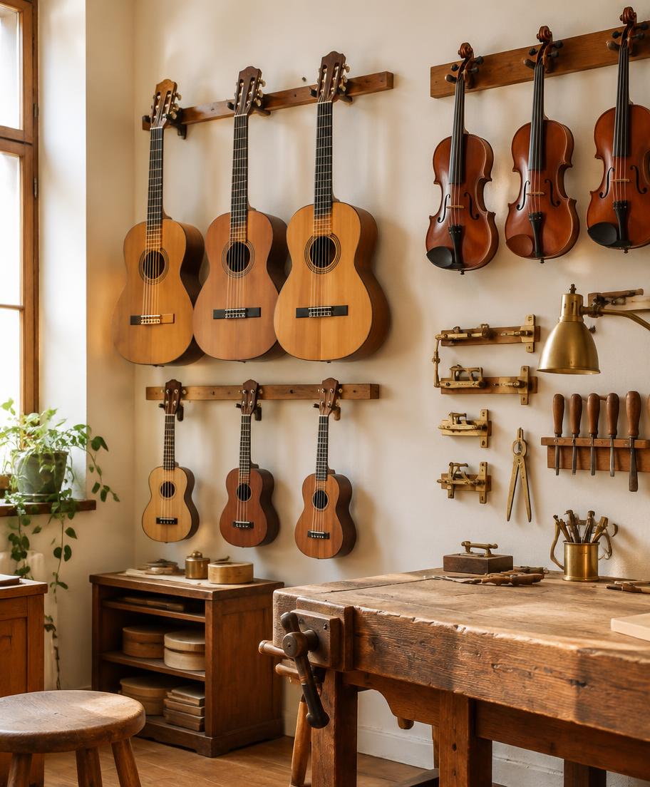 Taller con guitarras, violines y ukeleles colgados